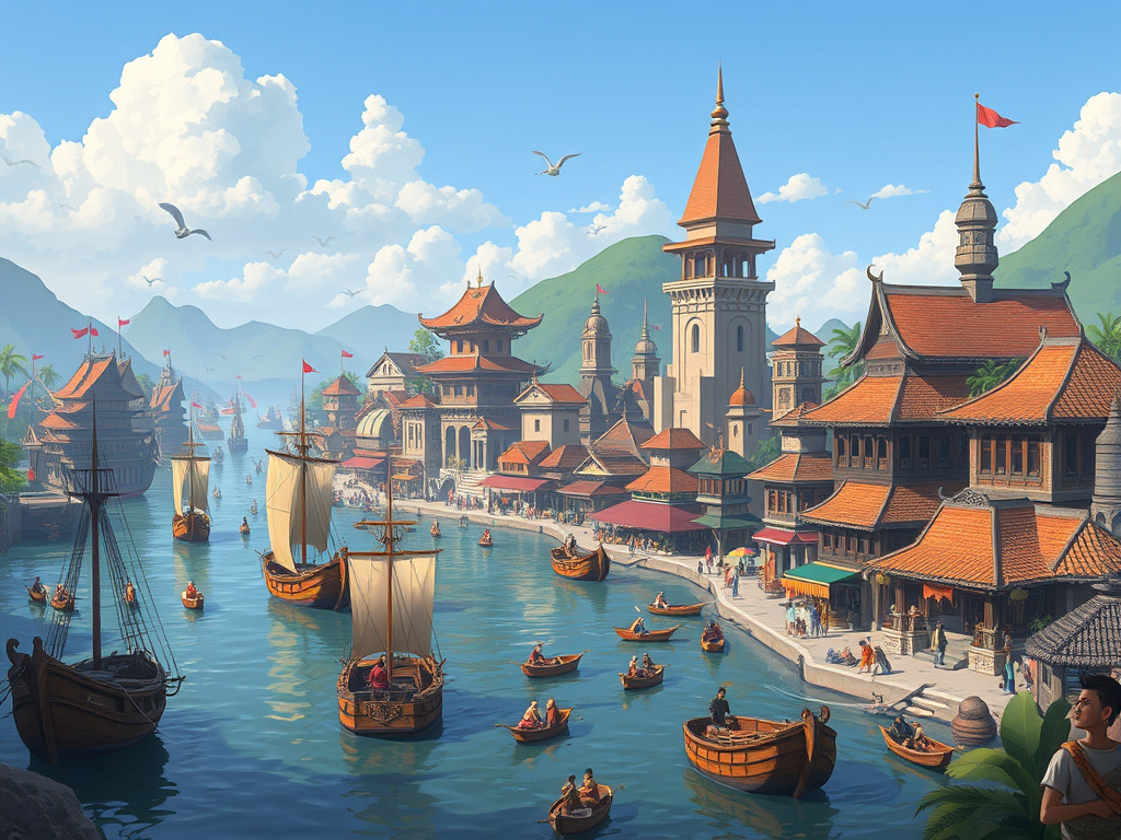 a stylized depiction of a bustling ancient port city in Southeast Asia, with ships, merchants, and traditional buildings