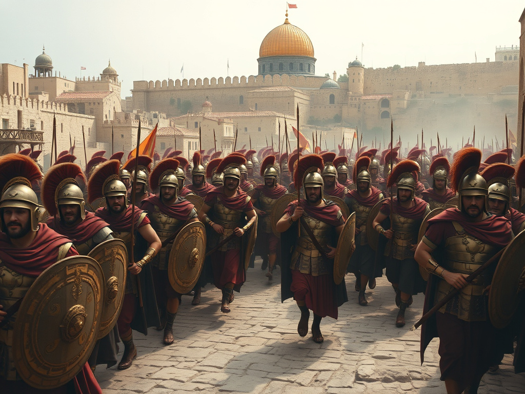 A Roman legion marching through the ancient city of Jerusalem, depicted with a sense of grandeur and power, using a muted color palette