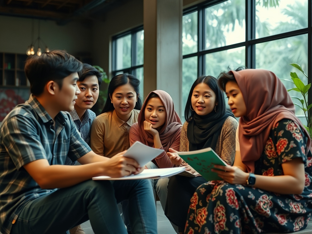 A group of young people discussing and analyzing a classic Indonesian film, corporate visual style