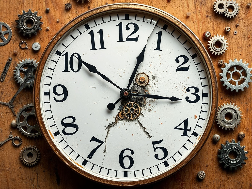 a broken clock face with gears scattered around, symbolizing the disruption of time