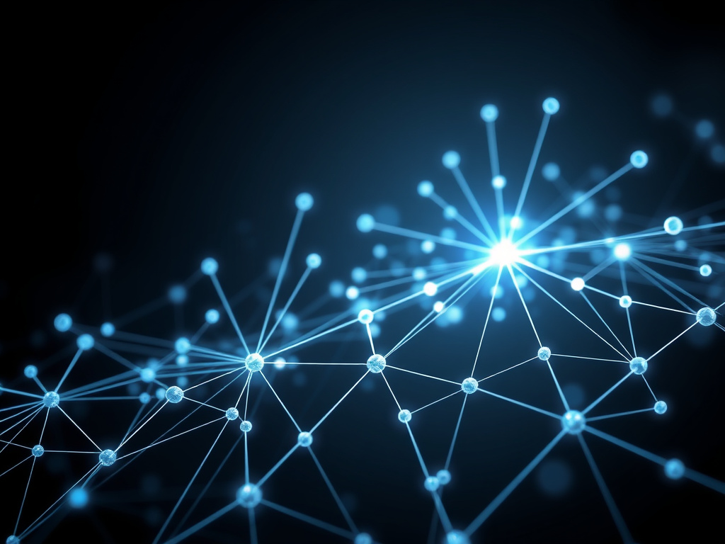 A network of interconnected nodes representing a digital community, with lines of light connecting them. Corporate design, illustrating connection and accessibility.