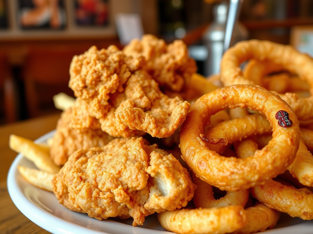 close-up of a plate with fried chicken, french fries, and onion rings, presented in a restaurant setting