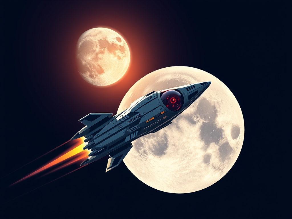 illustration of a futuristic spacecraft orbiting the Moon, with Earth in the background, corporate design