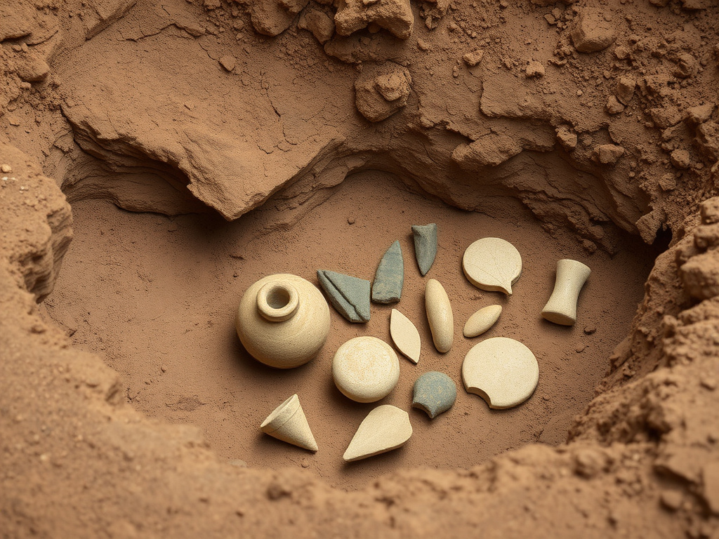 Archaeological dig site in Kalimantan, showing unearthed pottery and stone tools, representing the ancient origins of the Dayak people, corporate design