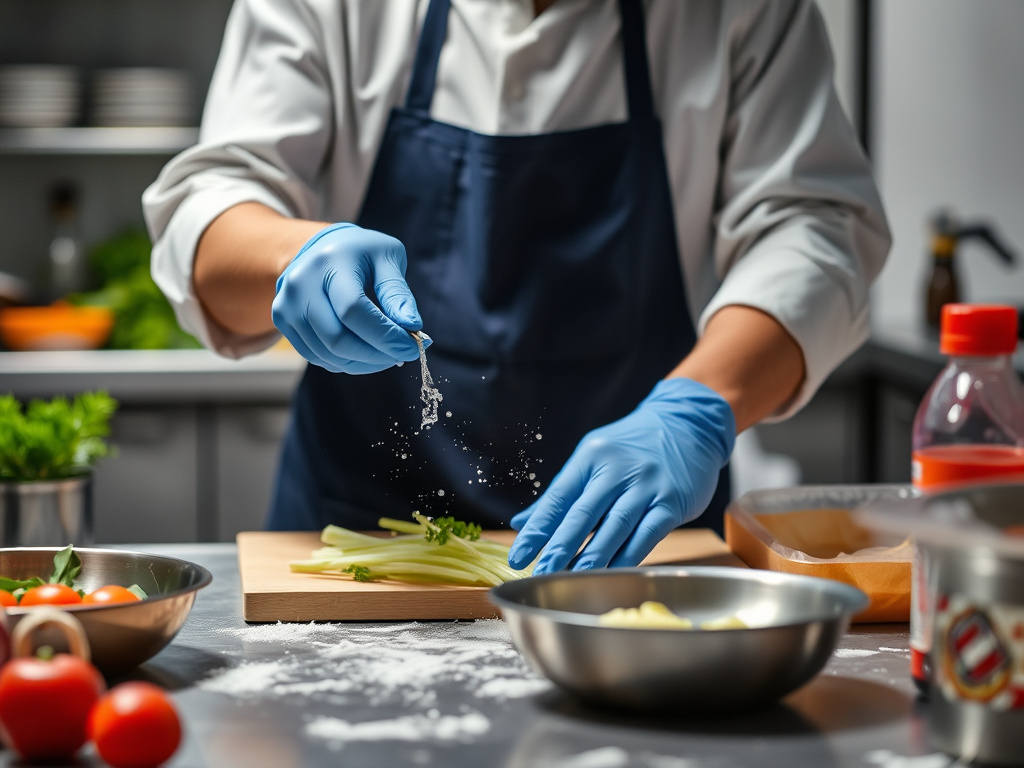 hands preparing food in a clean kitchen, demonstrating proper hygiene practices, corporate lifestyle photography