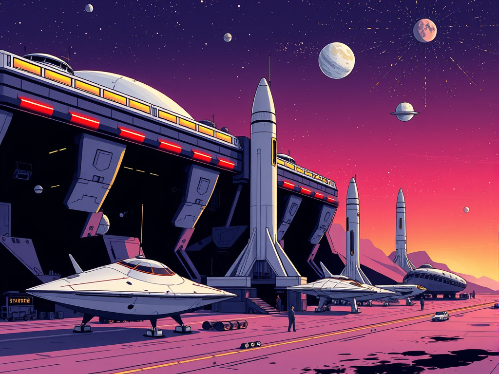 illustration of a futuristic spaceport with various spacecraft preparing for launch, corporate design