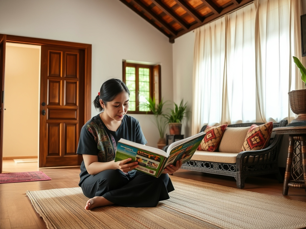 a traditional javanese house interior with a woman teaching a young girl to read, soft lighting, corporate design
