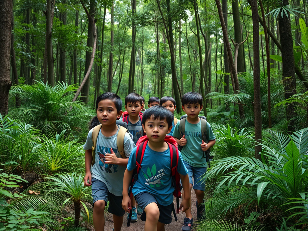 A group of children hiking through a dense forest, looking ahead with determination, corporate visual style