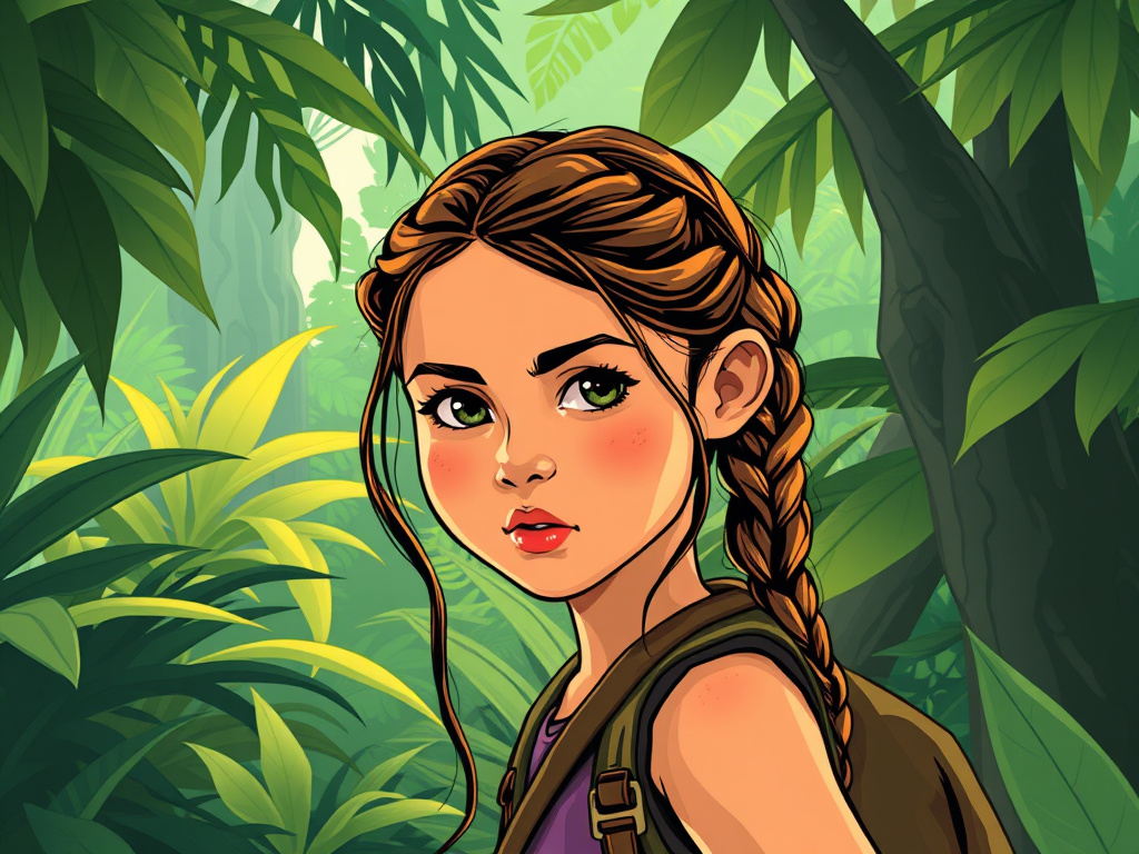 A young girl with braided hair, looking adventurous and determined, set against a lush jungle backdrop, corporate illustration style