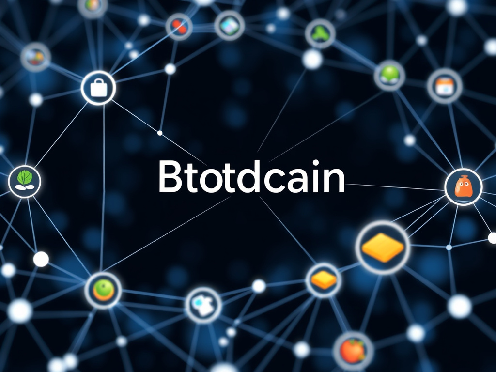 A digital representation of a blockchain network illustrating the traceability of a food product, with data points showing its origin, processing, and distribution, corporate visual style