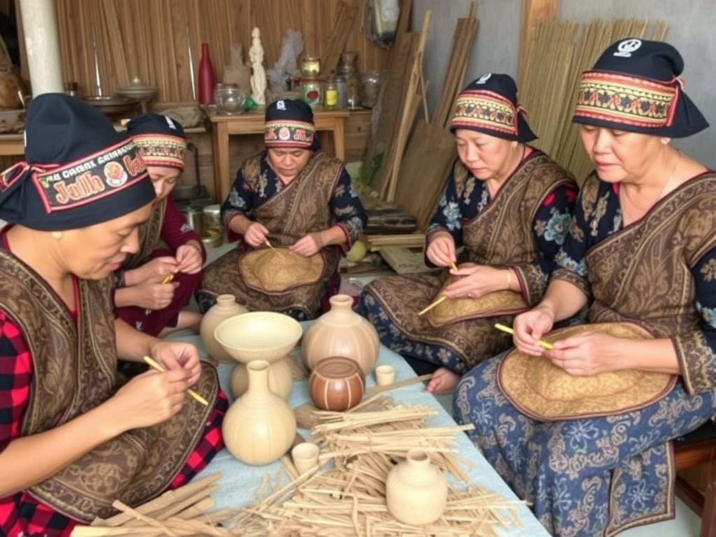 A group of Dayak artisans creating traditional handicrafts, showcasing their skills and cultural heritage in a workshop environment.