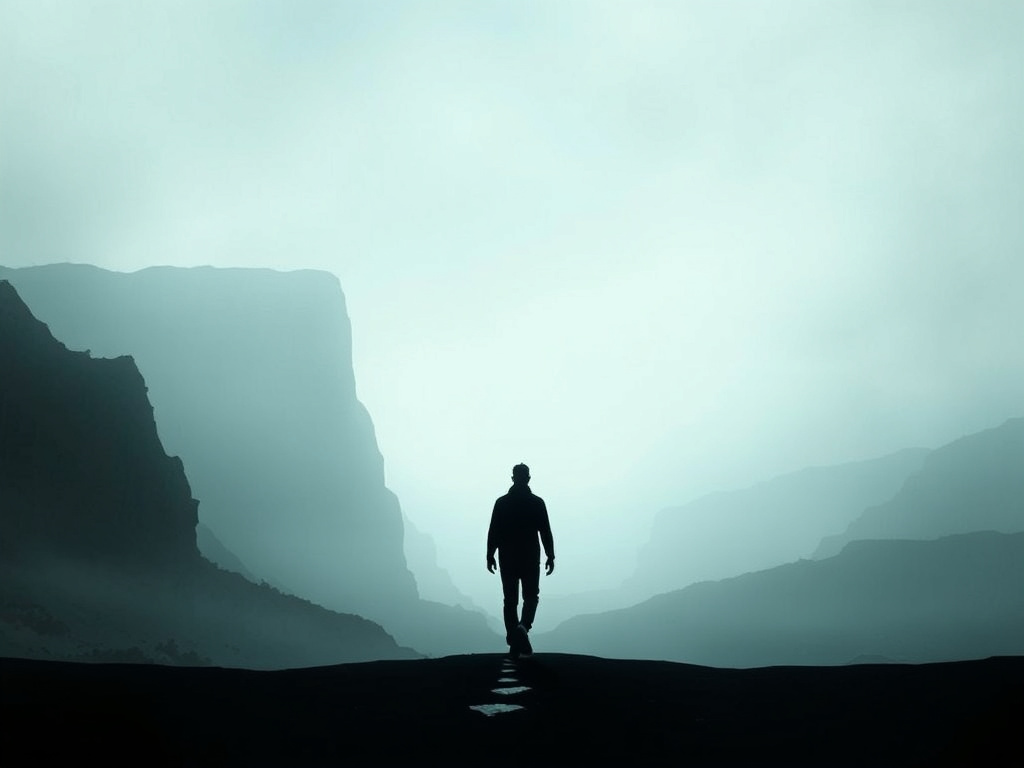 a silhouette of a person walking toward a vanishing point in a distorted landscape, representing time's passage