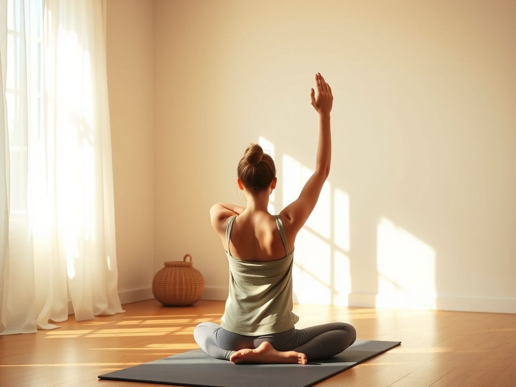 a serene scene of a person practicing yoga in a softly lit room, emphasizing relaxation and mindfulness.