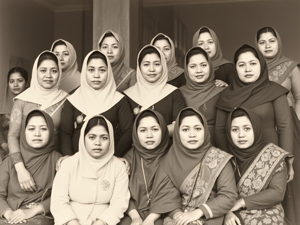 a historical photograph of the first Indonesian women's congress, showing women in traditional attire, serious expressions, corporate style