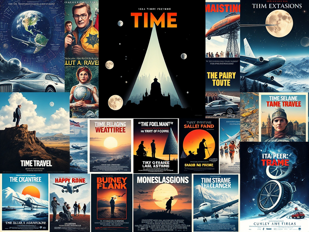 A montage of international film posters featuring time travel themes, corporate design, collage