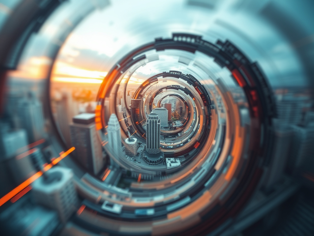 abstract representation of swirling time vortex with blurred cityscapes within