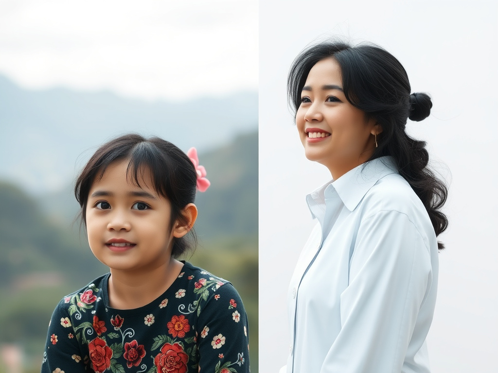 A split-screen image showing a young Sherina Munaf in 'Jejak Petualangan Sherina' and a current image of her as a successful adult artist, symbolizing growth and inspiration, corporate design