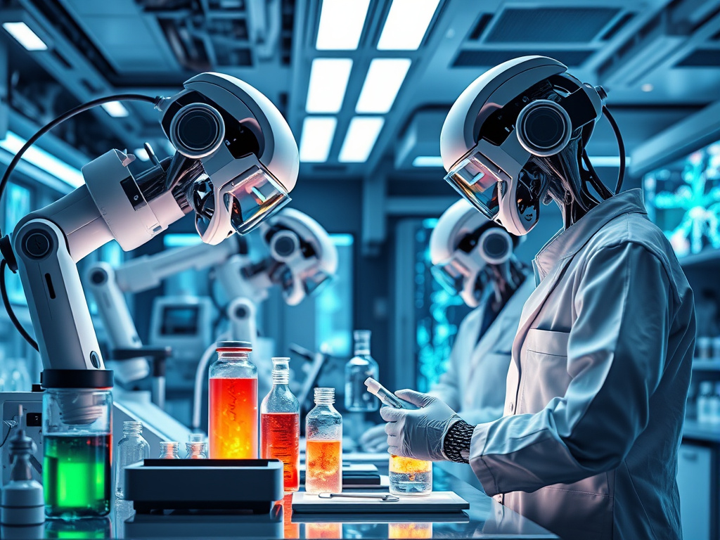 futuristic laboratory with robotic arms and scientists working with glowing biological samples, corporate design