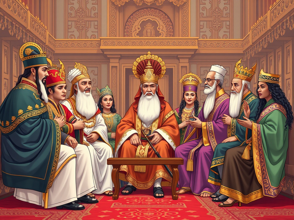 an illustration depicting a Sundanese royal court scene with diplomats from various kingdoms, corporate style