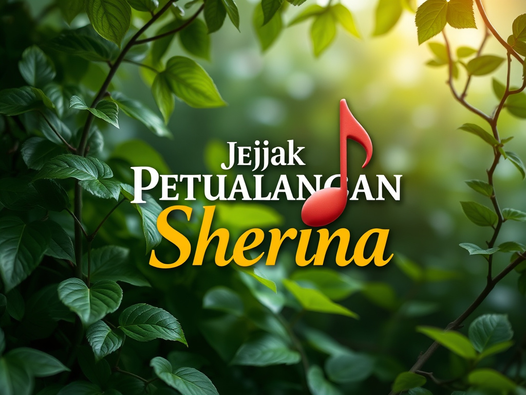 A musical note floating amongst lush green leaves and vines, representing the soundtrack of 'Jejak Petualangan Sherina', corporate design