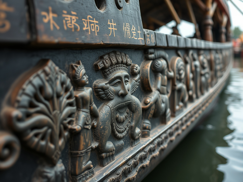 a close-up of intricate carvings on a traditional Bajo boat, highlighting the detailed symbolism