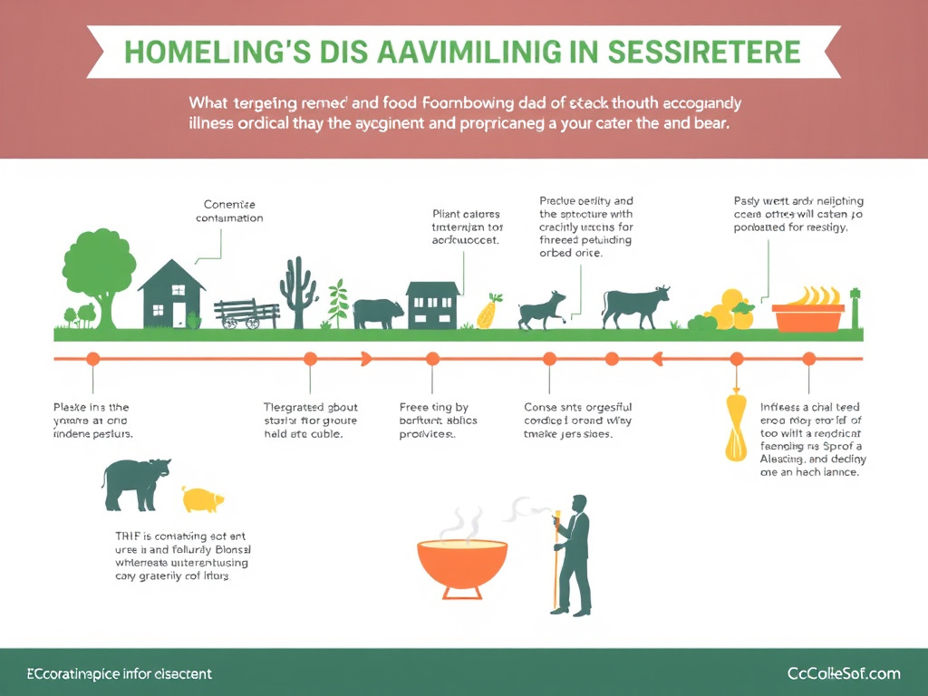 a graphic illustrating the chain of events leading to a foodborne illness outbreak, from farm to table, with emphasis on potential contamination points, corporate infographic style