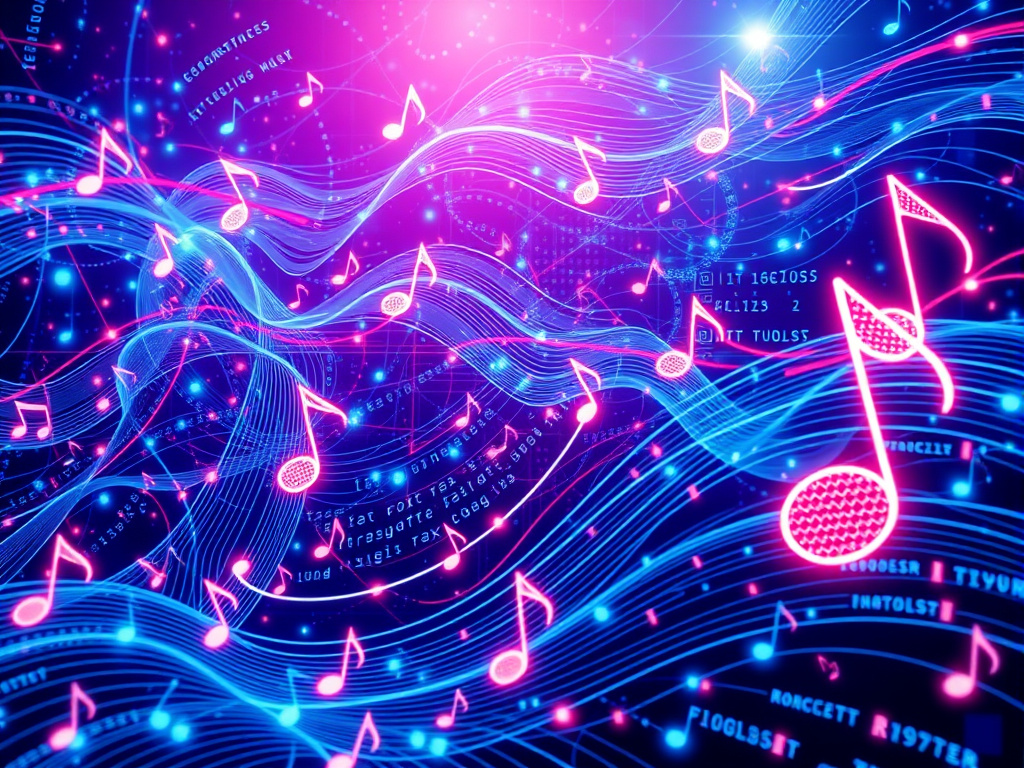 a futuristic visualization of data streams and musical notes converging to represent the future of music royalties