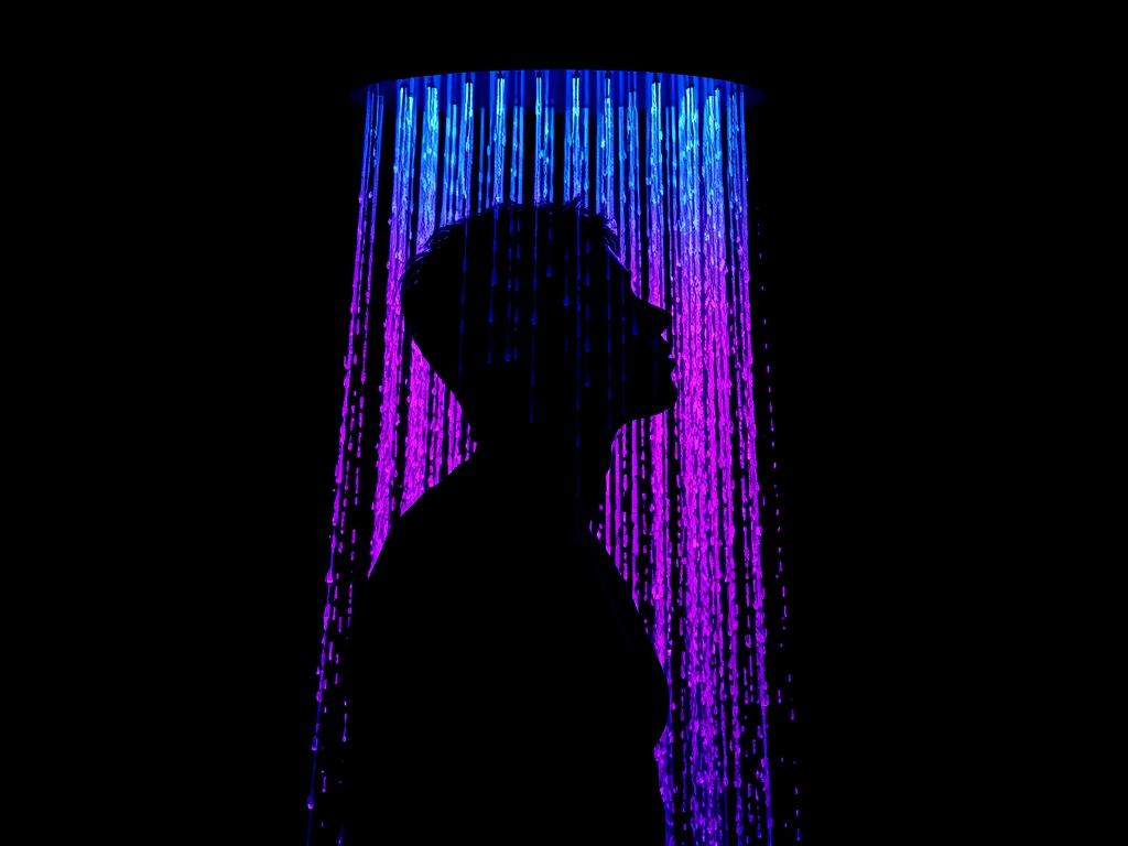 silhouette of a person under a shower head with dark blue and purple hues, corporate design