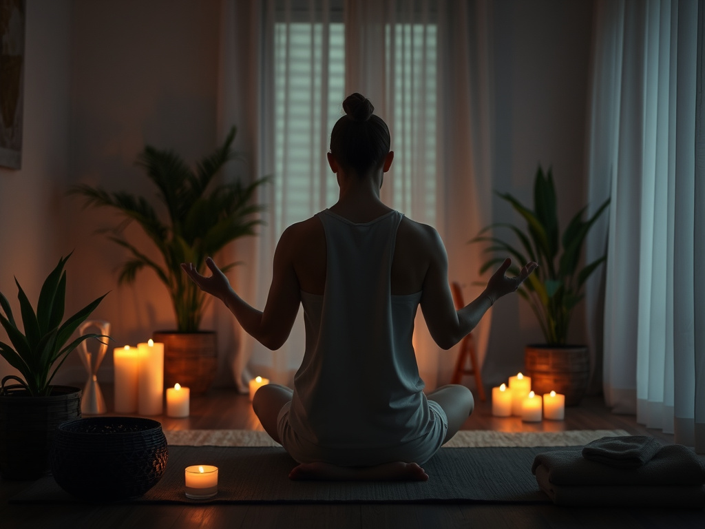 a person meditating in a dimly lit room, surrounded by calming elements like candles and plants