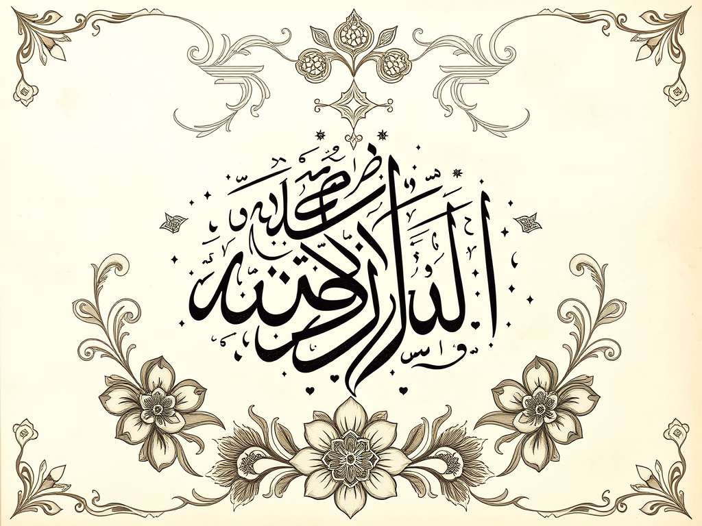 A detailed illustration of traditional Islamic calligraphy with intricate floral patterns. Corporate design, emphasizing artistry and spirituality.