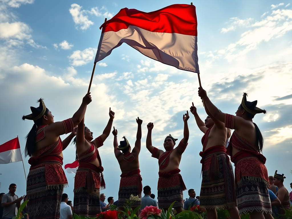 A group of Dayak people raising the Indonesian flag during a celebration, symbolizing their integration into the nation, corporate design