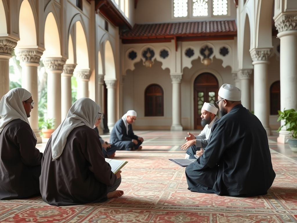 muslim scholars teaching in a sundanese traditional building, soft focus, corporate design