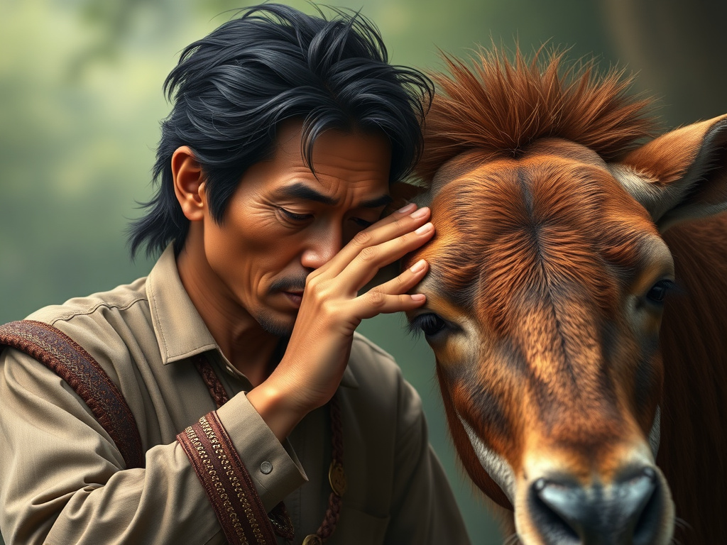 Wiro Sableng gently resting his hand on the head of his animal companion, a scene conveying trust and affection, corporate design