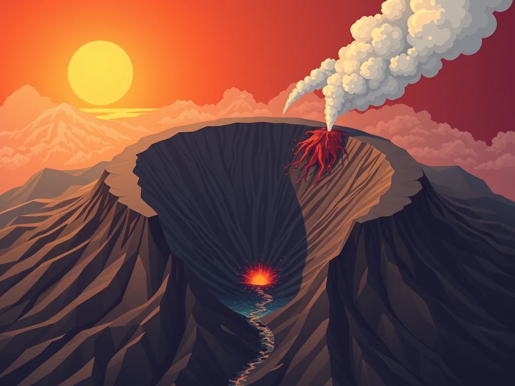 Geological illustration showing the formation of a caldera after a volcanic eruption, corporate design