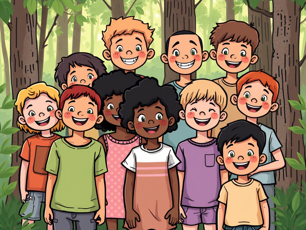 Group of diverse children smiling and looking hopeful, standing in a forest environment, corporate illustration style