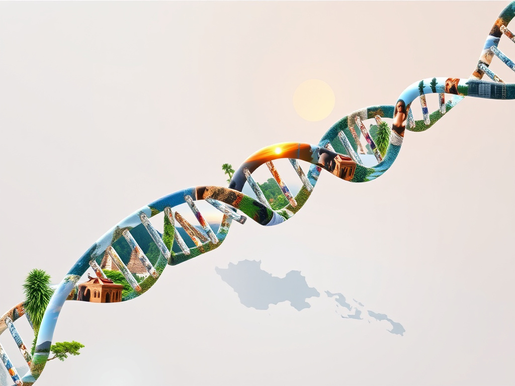 a stylized representation of DNA strands intertwined with images of Southeast Asian landscapes