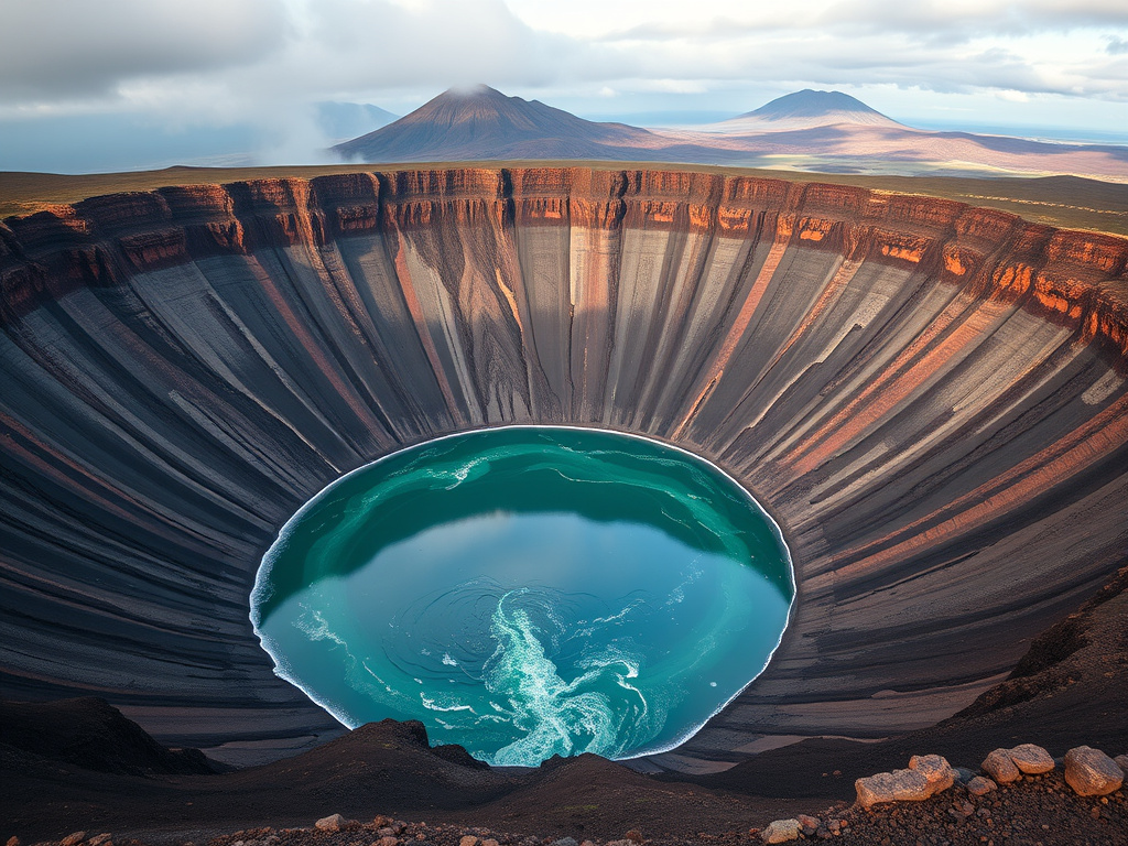 Timelapse showing water gradually filling a volcanic caldera over centuries, corporate design