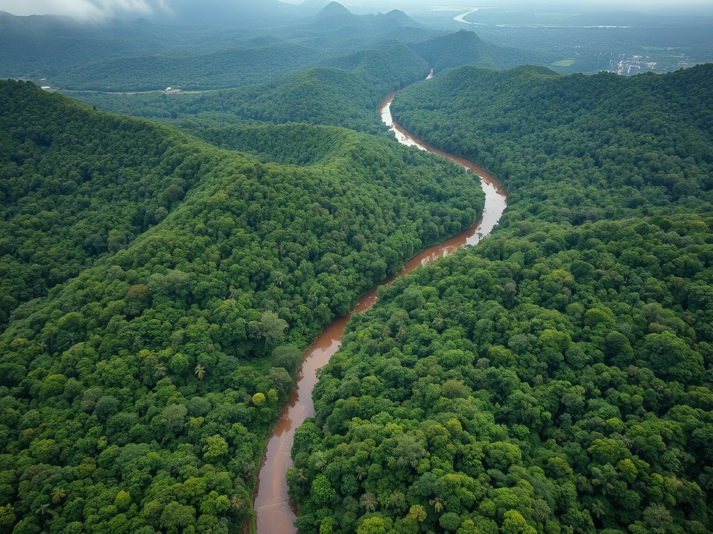 Aerial view of lush rainforest in Kalimantan, with a winding river cutting through the landscape, using a muted, corporate color palette.