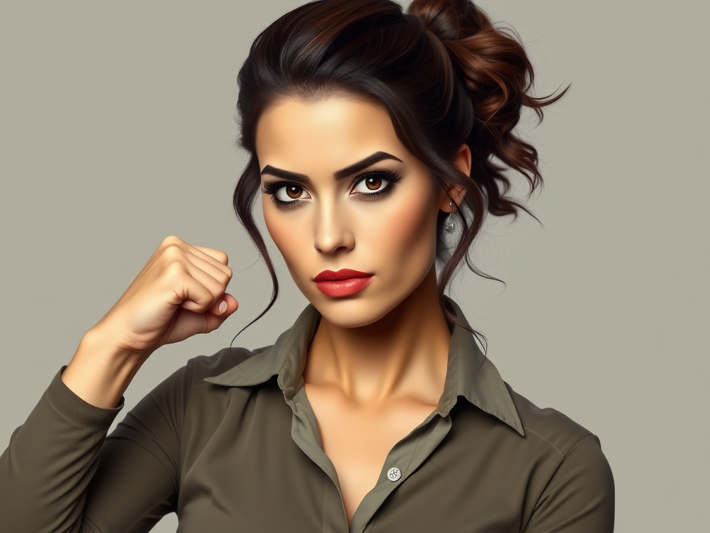 A portrait of a woman with a determined expression, symbolizing resilience and inner strength, corporate design