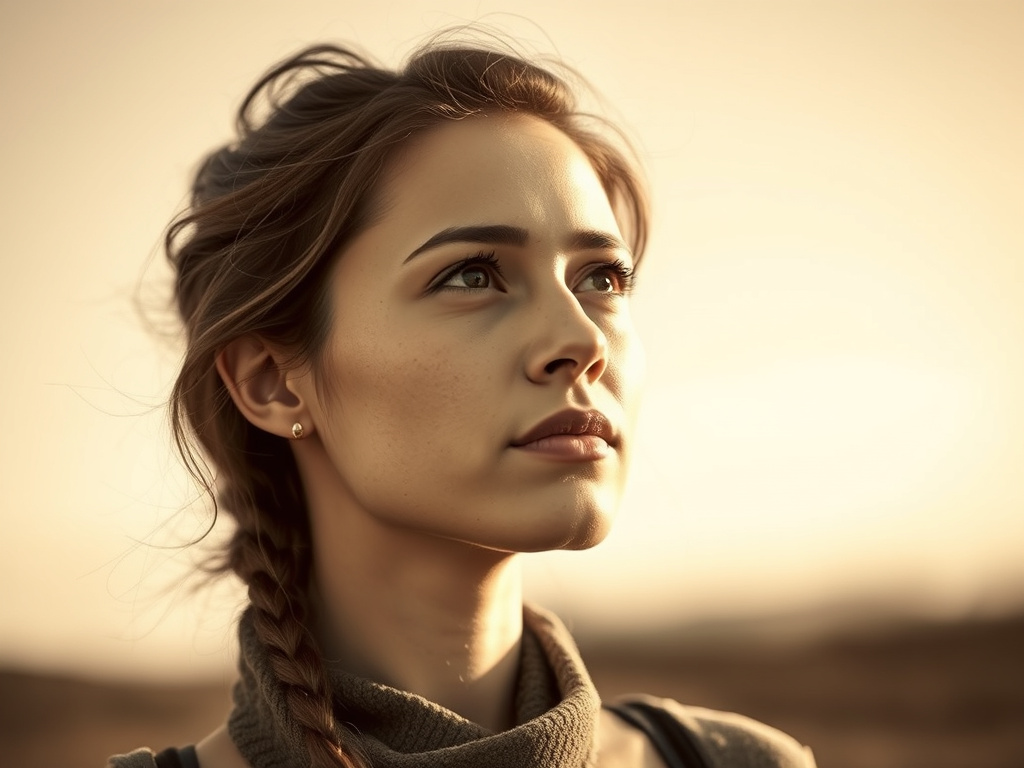 A sepia-toned portrait of a young woman with a thoughtful expression, looking towards the horizon, corporate design