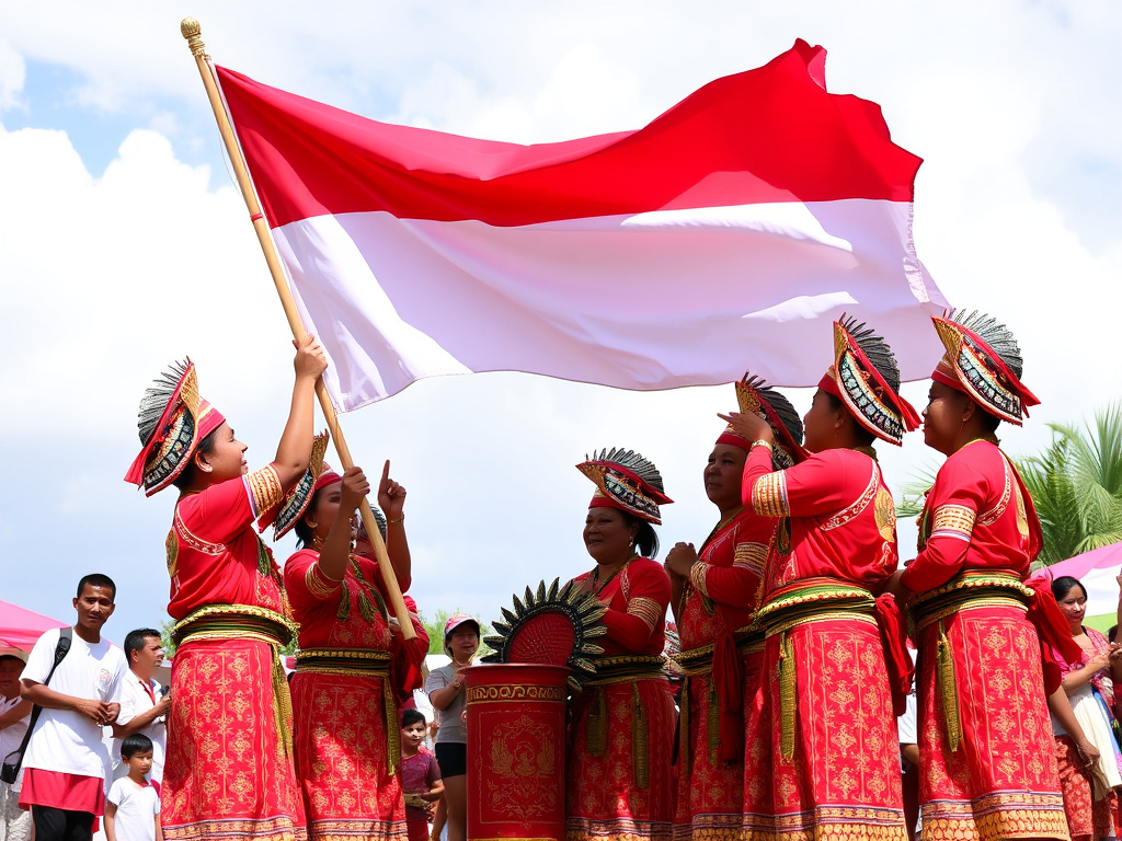 A group of Dayak people raising the Indonesian flag during a celebration, symbolizing their contribution to the nation's independence.