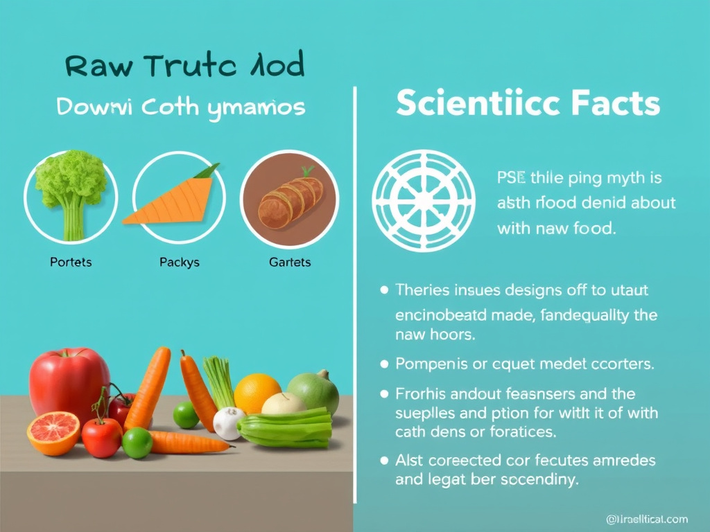 a split screen illustrating common myths about raw food versus scientific facts, presented in a clear and informative design