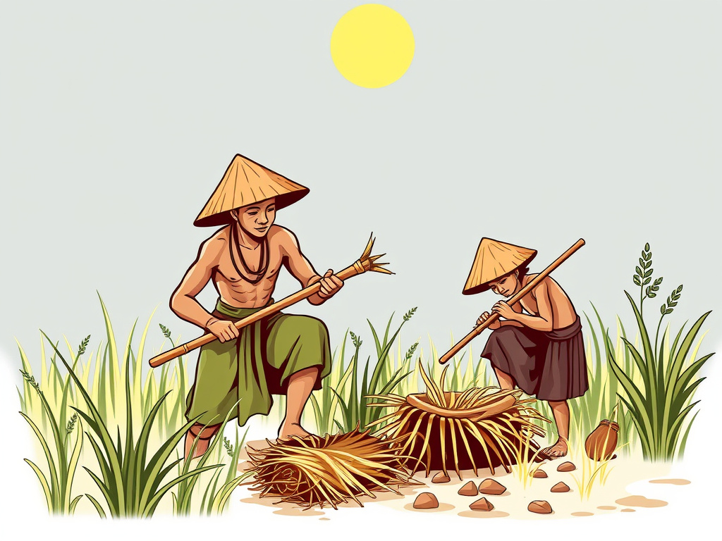 a stylized illustration of ancient Sundanese people farming, using traditional tools, corporate style