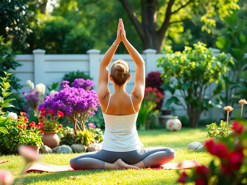 a person doing yoga in a peaceful garden setting, focus on relaxation and well-being