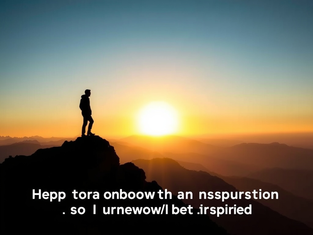 A solitary figure standing on a mountaintop, silhouetted against a sunrise, symbolizing hope and renewal. Corporate design, emphasizing personal growth and inspiration.