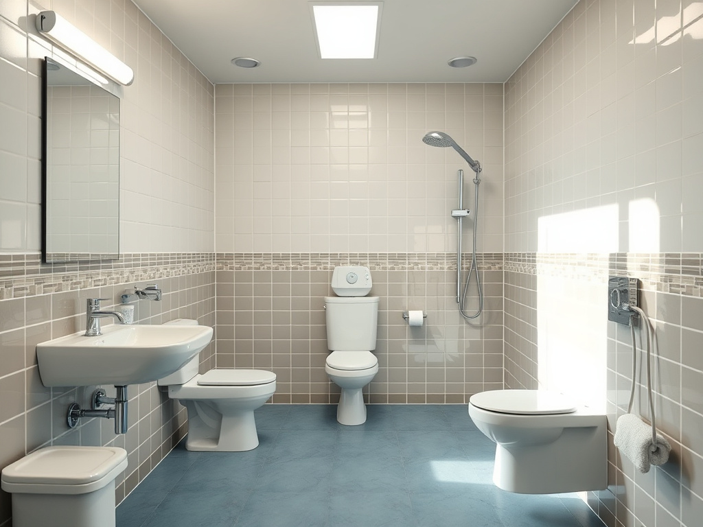 a brightly lit and well-ventilated bathroom with non-slip flooring, emphasizing cleanliness and safety
