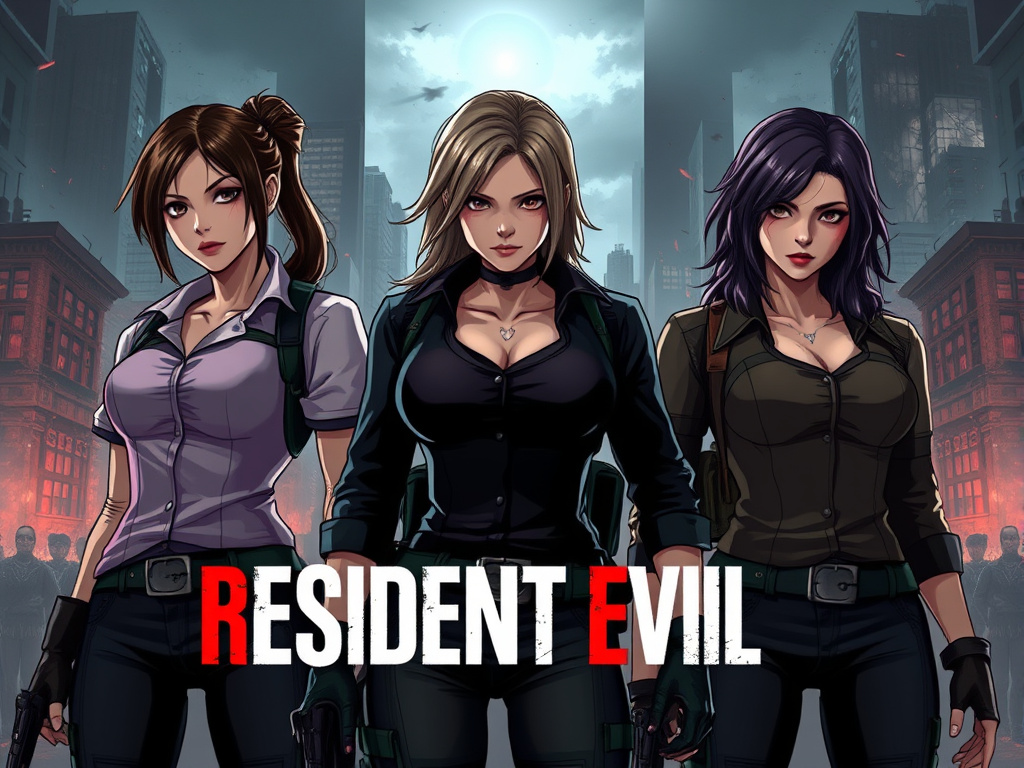 A split-screen illustration showing three determined women, each representing a different Resident Evil character, standing in front of a chaotic city background