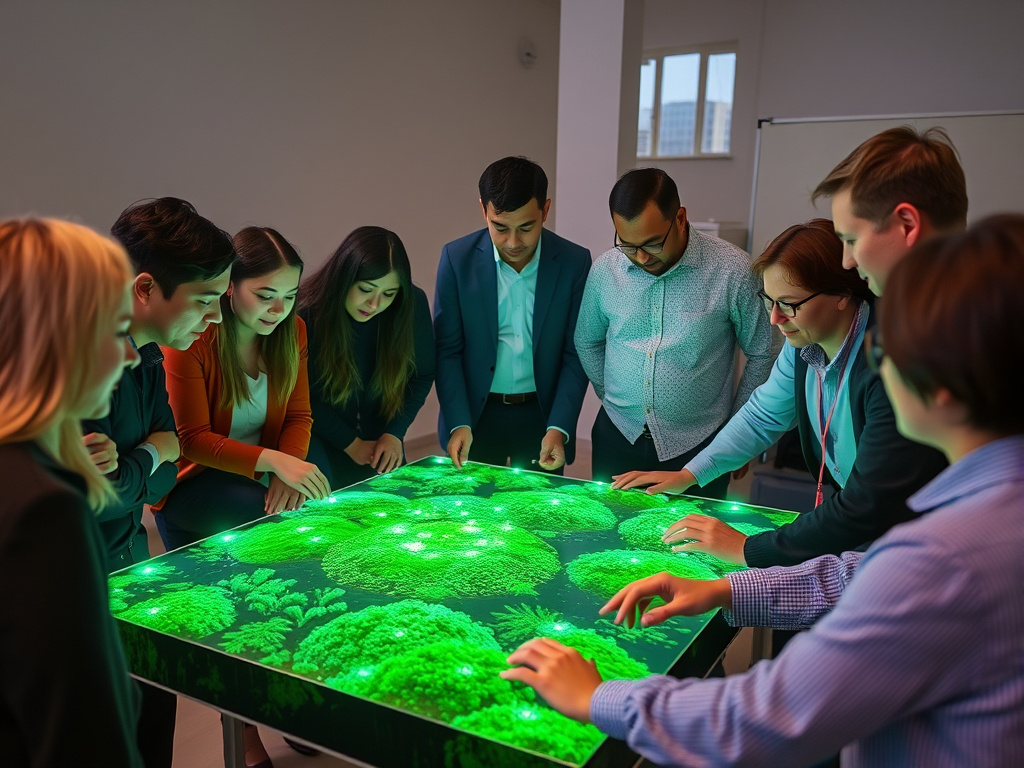 diverse group of professionals collaborating around a holographic projection of a growing, green-energy landscape