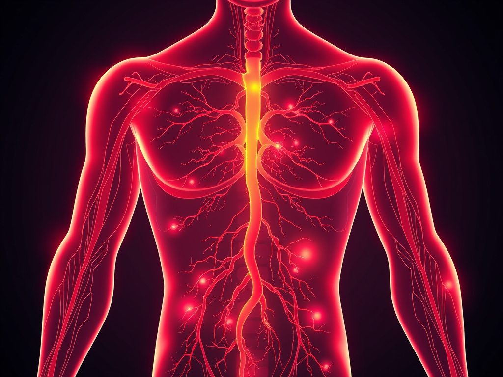 a human body outline with highlighted blood vessels and temperature gradients, corporate design