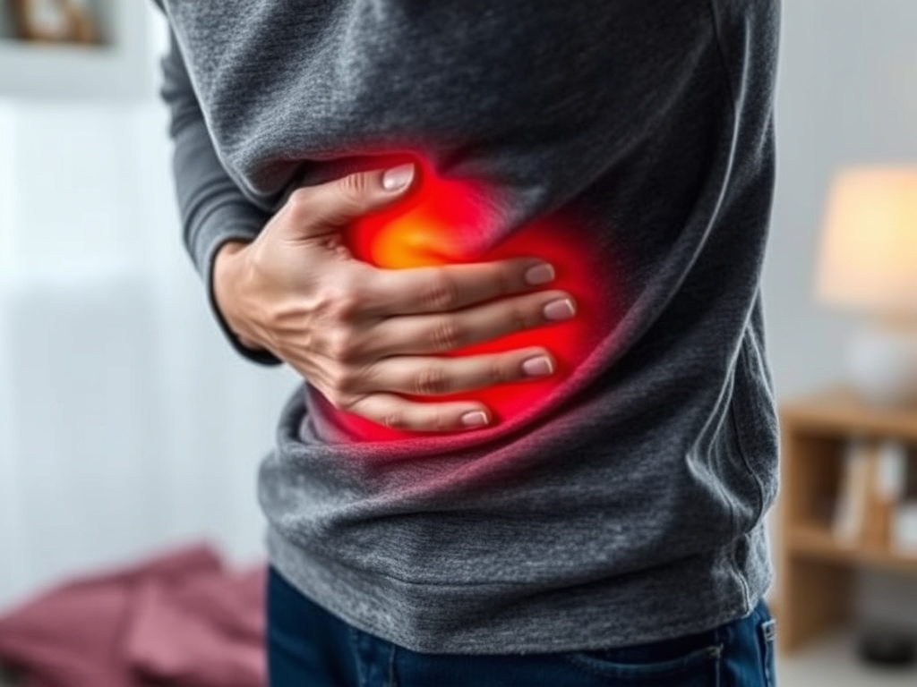 a person experiencing stomach pain, clutching their abdomen, with a blurred background representing illness